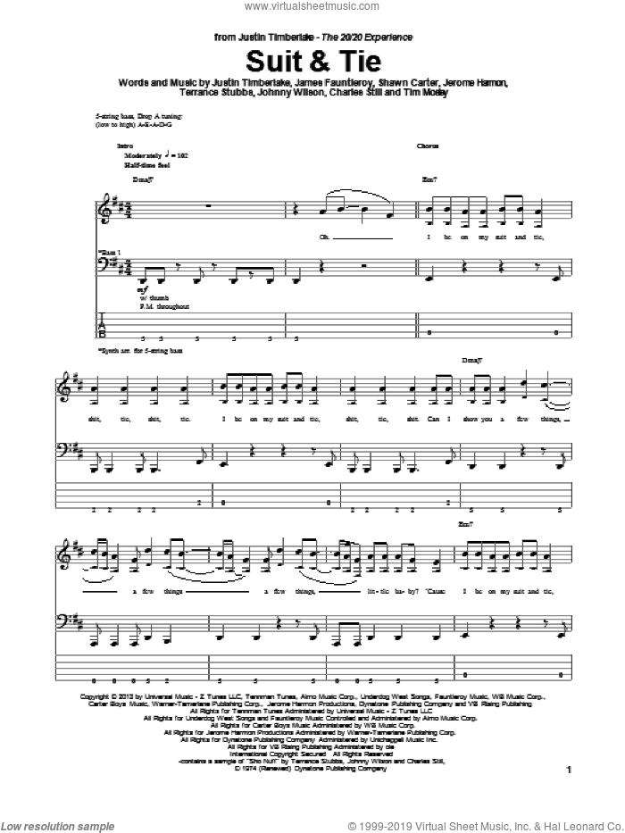 Suit and Tie sheet music for bass (tablature) (bass guitar) by Justin Timberlake, intermediate skill level