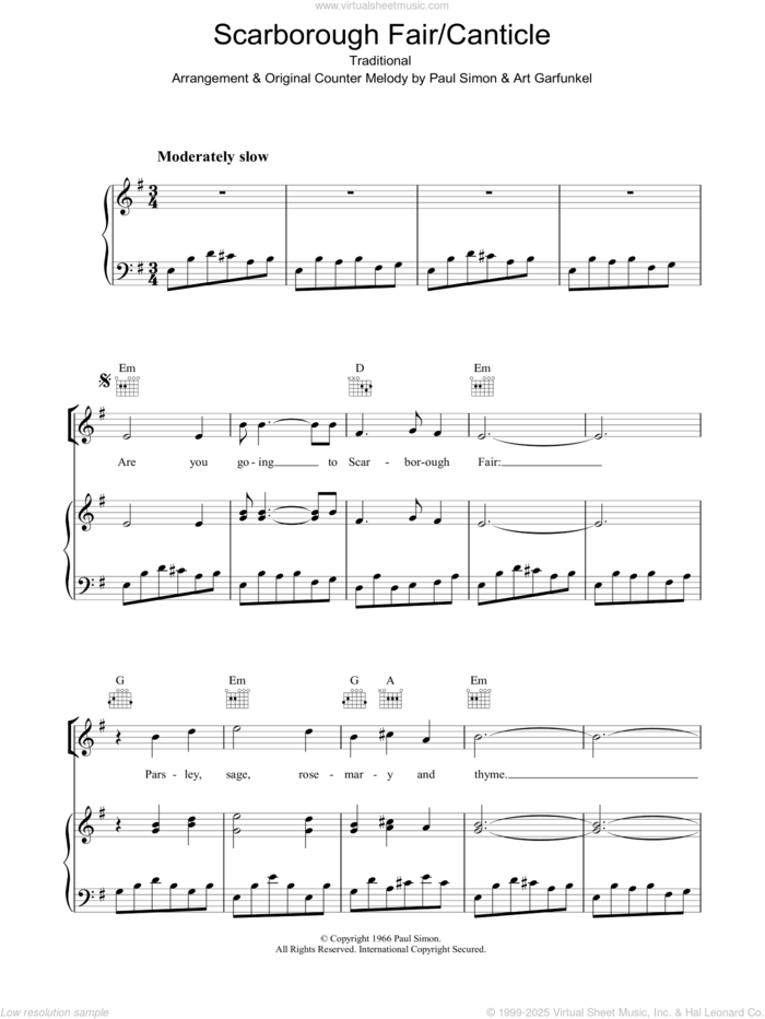 Scarborough Fair/Canticle sheet music for voice, piano or guitar by Simon & Garfunkel, Art Garfunkel, Miscellaneous and Paul Simon, intermediate skill level