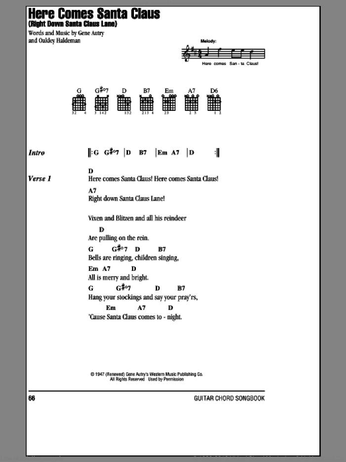 Here Comes Santa Claus (Right Down Santa Claus Lane) sheet music for guitar (chords) by Gene Autry, Carpenters and Oakley Haldeman, intermediate skill level