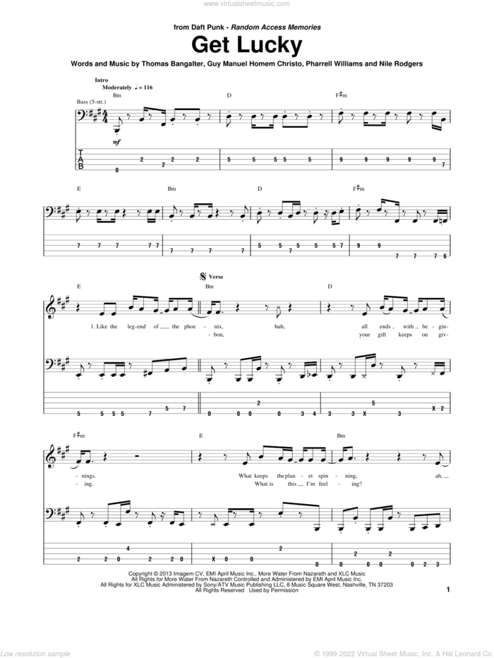 Get Lucky sheet music for bass (tablature) (bass guitar) by Daft Punk and Pharrell Williams, intermediate skill level