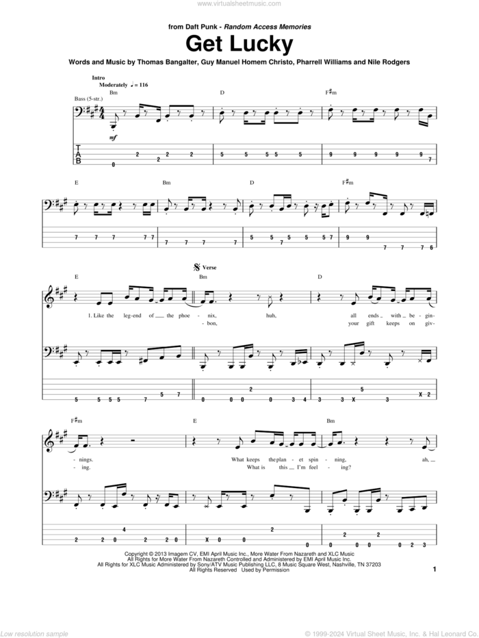 Get Lucky sheet music for bass (tablature) (bass guitar) by Daft Punk and Pharrell Williams, intermediate skill level