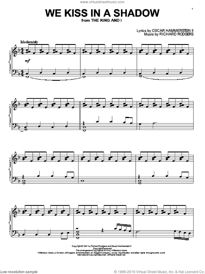 We Kiss In A Shadow sheet music for piano solo by Rodgers & Hammerstein, Oscar II Hammerstein and Richard Rodgers, intermediate skill level