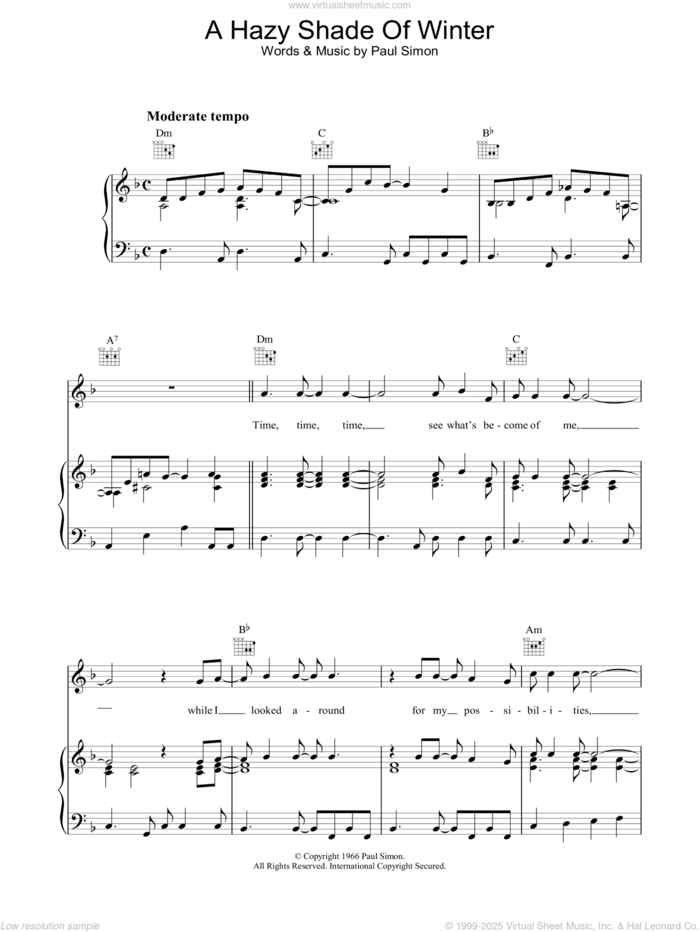 A Hazy Shade Of Winter sheet music for voice, piano or guitar by Simon & Garfunkel and Paul Simon, intermediate skill level