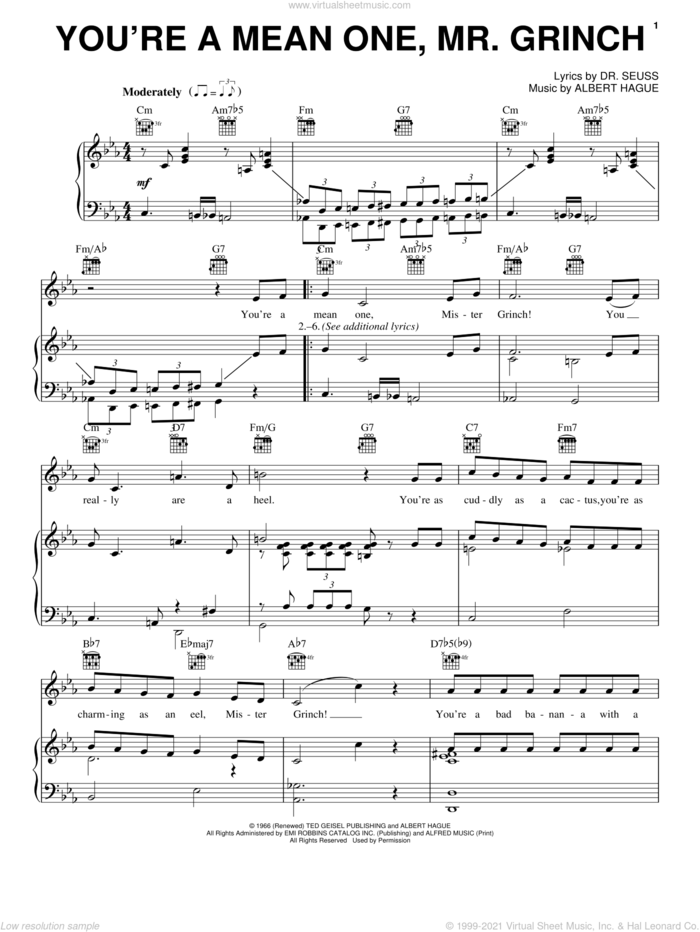 You're A Mean One, Mr. Grinch sheet music for voice, piano or guitar by Dr. Seuss and Albert Hague, intermediate skill level
