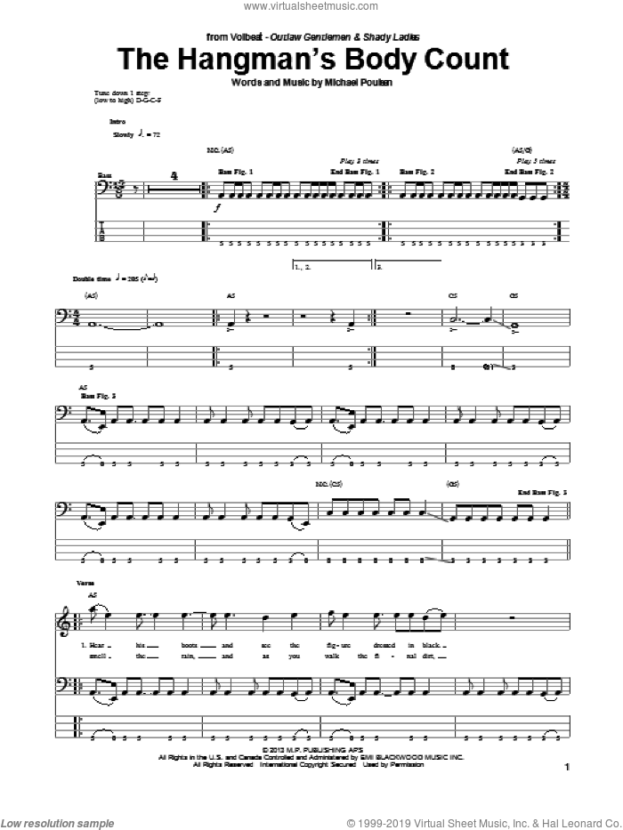 The Hangman's Body Count sheet music for bass (tablature) (bass guitar) by Volbeat, intermediate skill level