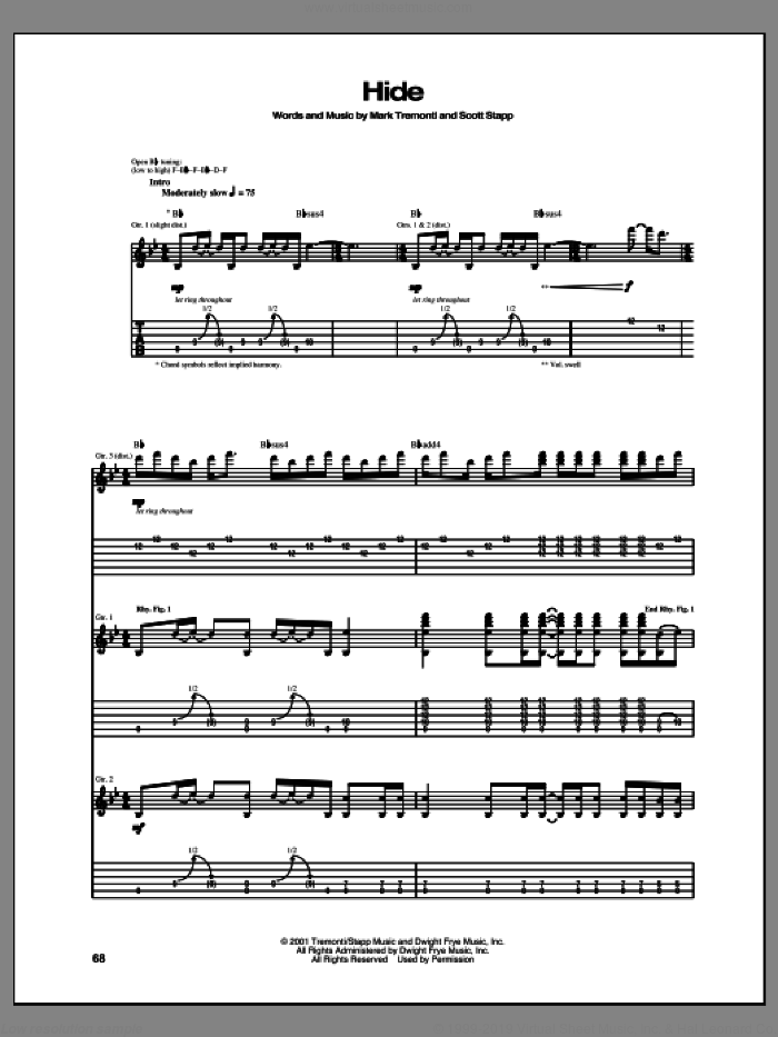 Hide sheet music for guitar (tablature) by Creed, intermediate skill level