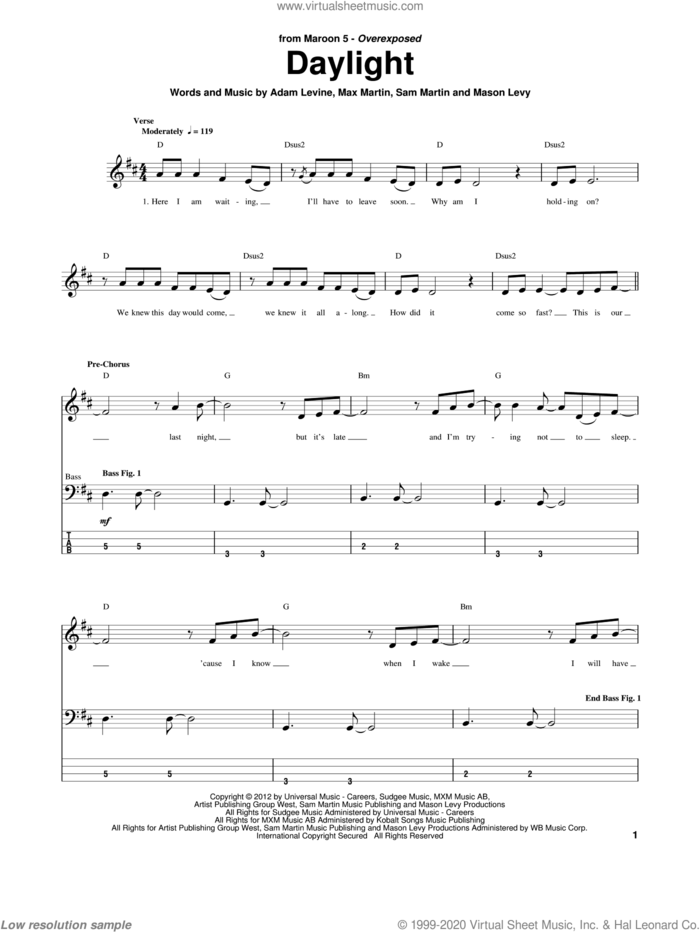 Daylight sheet music for bass (tablature) (bass guitar) by Maroon 5, intermediate skill level
