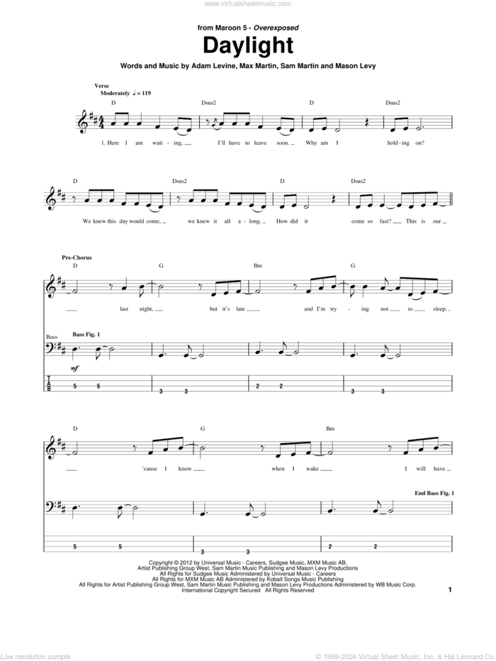 Daylight sheet music for bass (tablature) (bass guitar) by Maroon 5, intermediate skill level