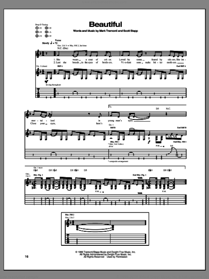 Beautiful sheet music for guitar (tablature) by Creed, intermediate skill level