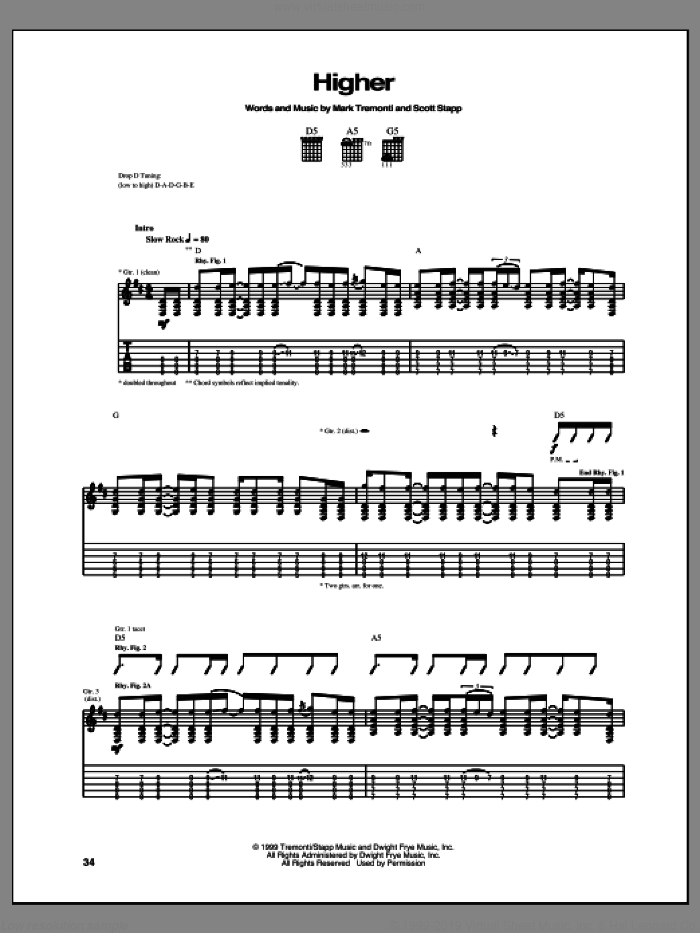 Higher sheet music for guitar (tablature) by Creed, intermediate skill level