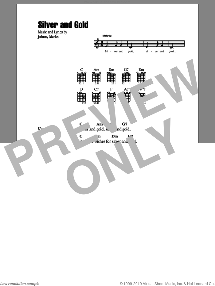 Silver And Gold sheet music for guitar (chords) by Burl Ives and Johnny Marks, intermediate skill level