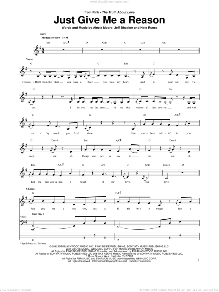 Just Give Me A Reason sheet music for bass (tablature) (bass guitar) by P!nk, Miscellaneous and Nate Ruess, intermediate skill level