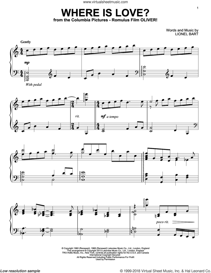 Where Is Love?, (intermediate) sheet music for piano solo by Lionel Bart, intermediate skill level