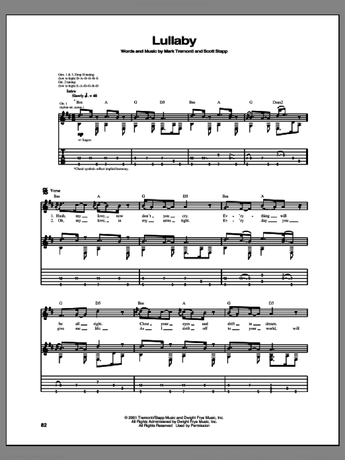 Creed: Lullaby for guitar (tablature), intermediate sheet music. 