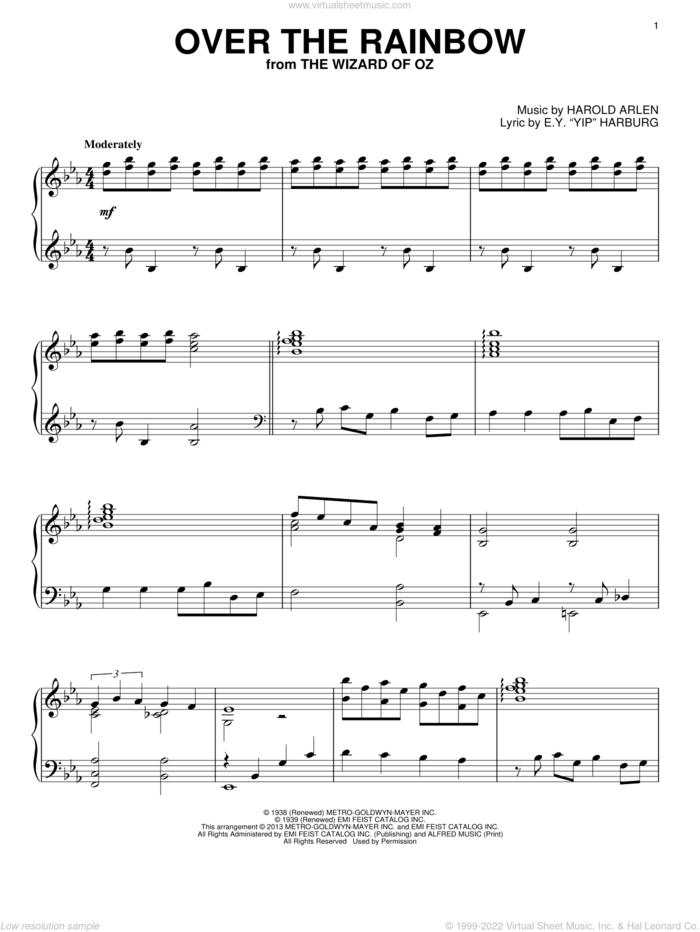 Over The Rainbow, (intermediate) sheet music for piano solo by Harold Arlen and E.Y. Harburg, intermediate skill level