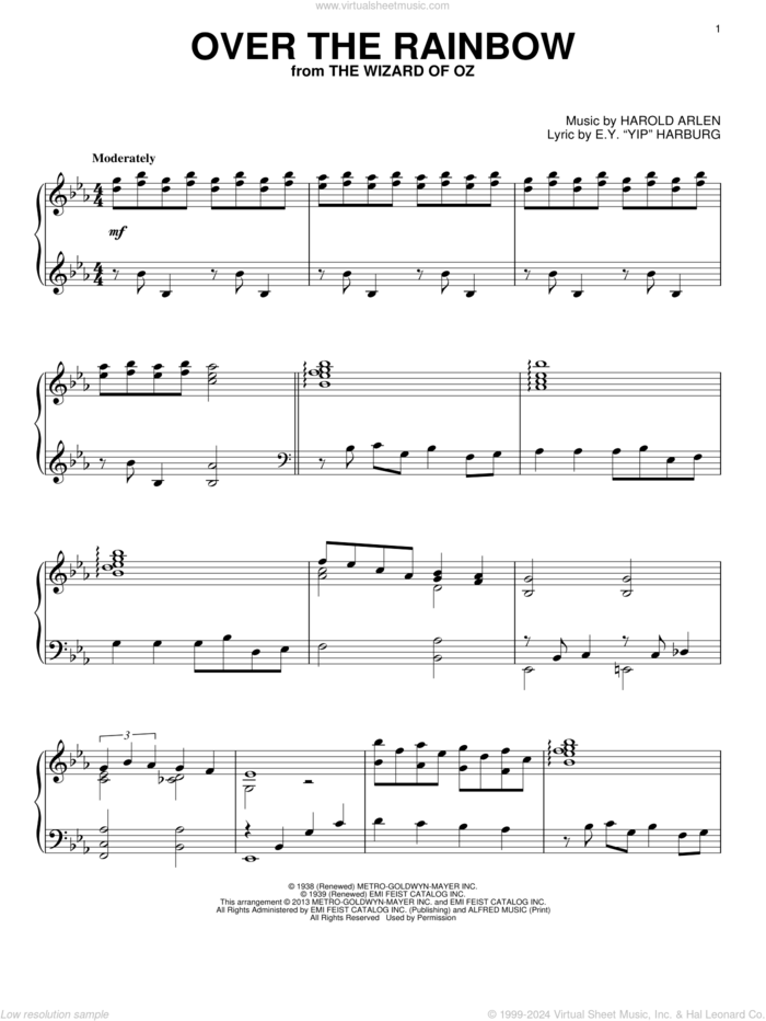 Over The Rainbow sheet music for piano solo by Harold Arlen and E.Y. Harburg, intermediate skill level