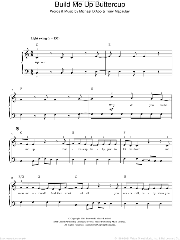 Build Me Up Buttercup sheet music for piano solo by The Foundations and Tony Macaulay, easy skill level