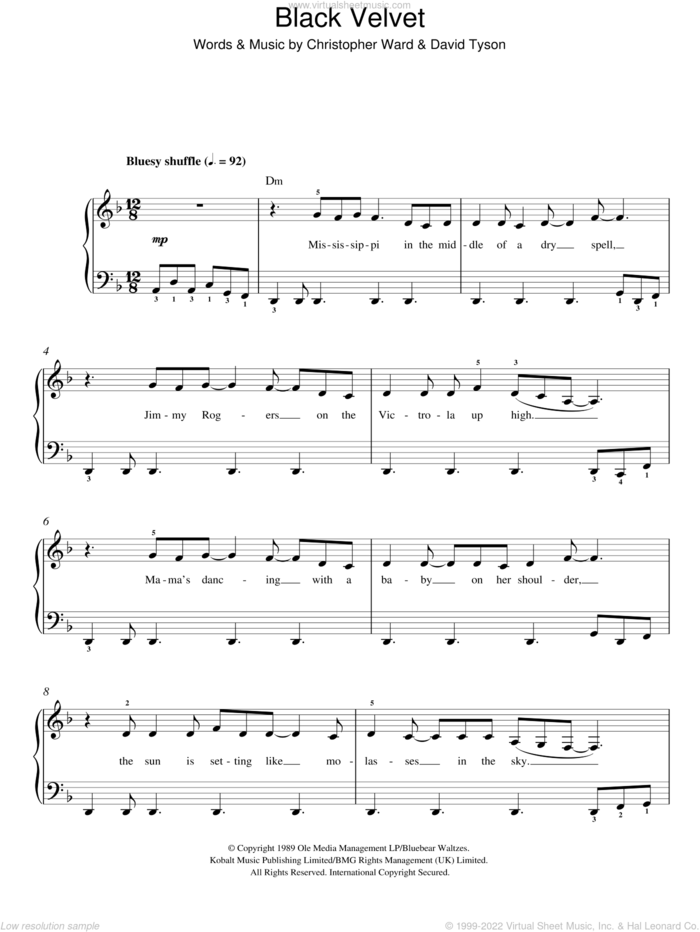 Black Velvet sheet music for piano solo by Alannah Myles, Christopher Ward and David Tyson, easy skill level