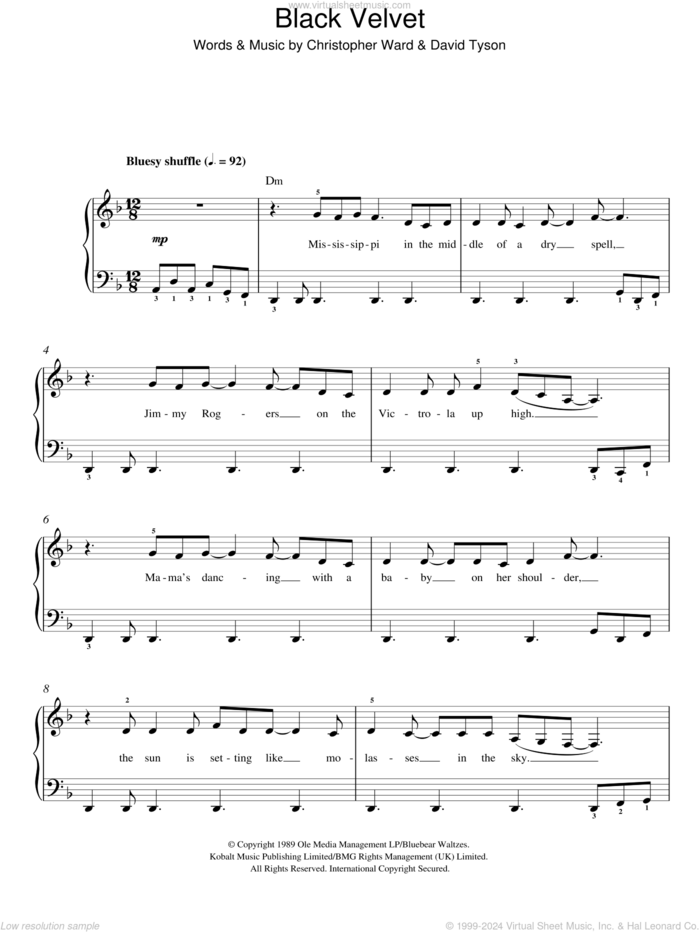 Black Velvet sheet music for piano solo by Alannah Myles, Christopher Ward and David Tyson, easy skill level