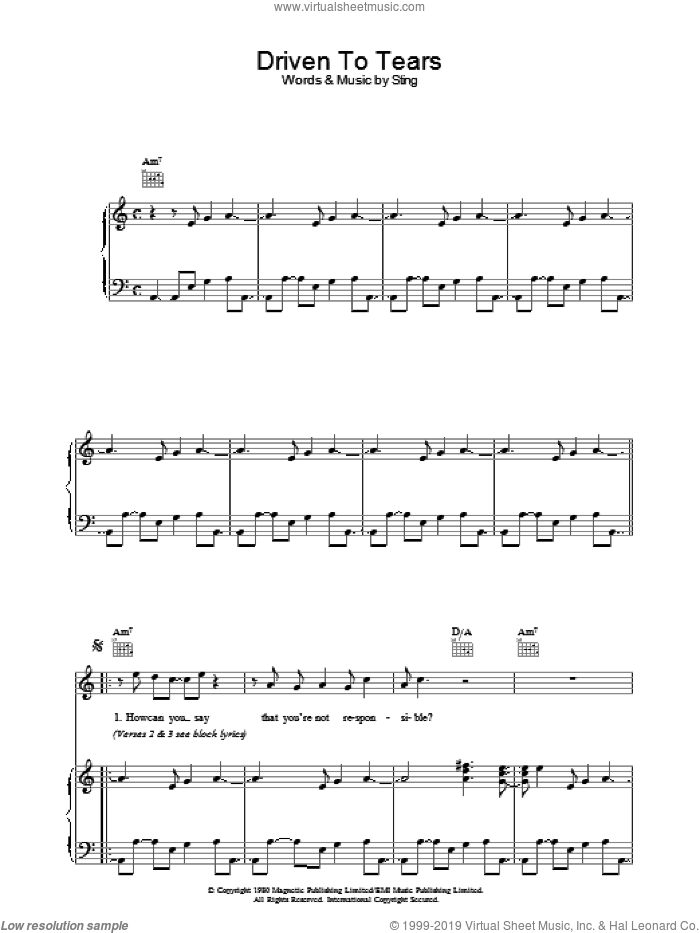 Driven To Tears sheet music for voice, piano or guitar by The Police and Sting, intermediate skill level