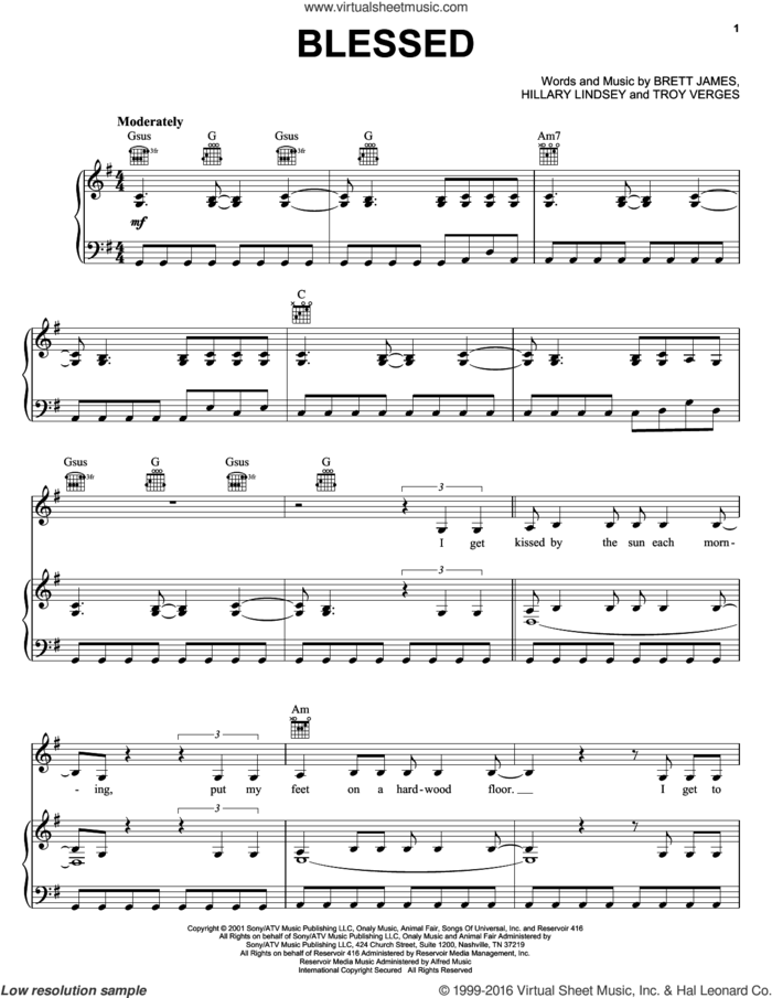 Blessed sheet music for voice, piano or guitar by Martina McBride, Brett James, Hillary Lindsey and Troy Verges, intermediate skill level