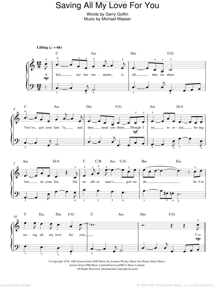 Saving All My Love For You sheet music for piano solo by Whitney Houston, Gerry Goffin and Michael Masser, easy skill level