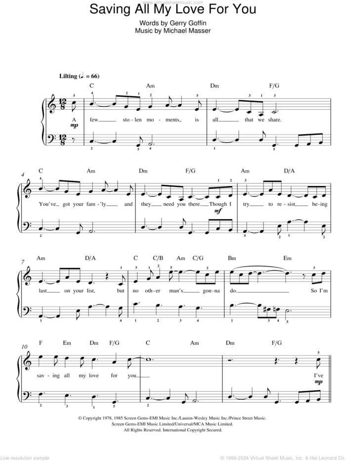 Saving All My Love For You sheet music for piano solo by Whitney Houston, Gerry Goffin and Michael Masser, easy skill level