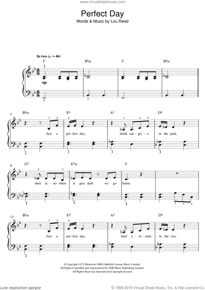 Perfect Day sheet music for piano solo by Lou Reed and Susan Boyle, easy skill level