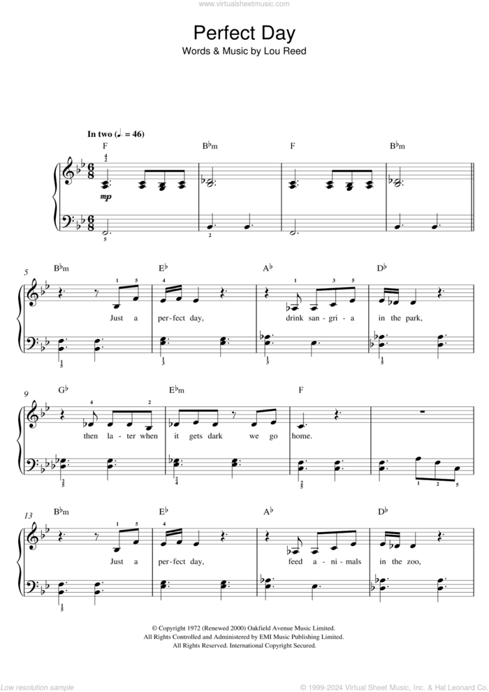 Perfect Day sheet music for piano solo by Lou Reed and Susan Boyle, easy skill level