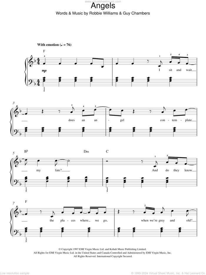 Angels sheet music for piano solo by Robbie Williams and Guy Chambers, easy skill level