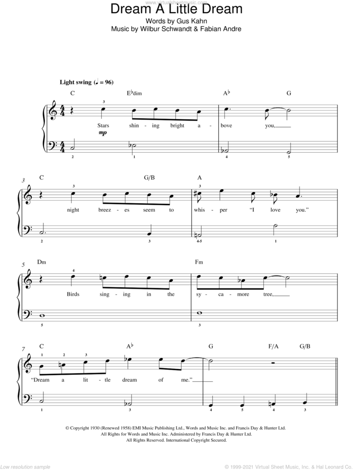 Dream A Little Dream Of Me sheet music for piano solo by The Mamas & Papas, Mama Cass, The Mamas And Papas, Fabian Andre, Gus Kahn and Wilbur Schwandt, easy skill level