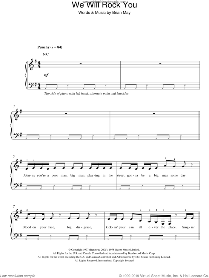 We Will Rock You, (easy) sheet music for piano solo by Queen and Brian May, easy skill level