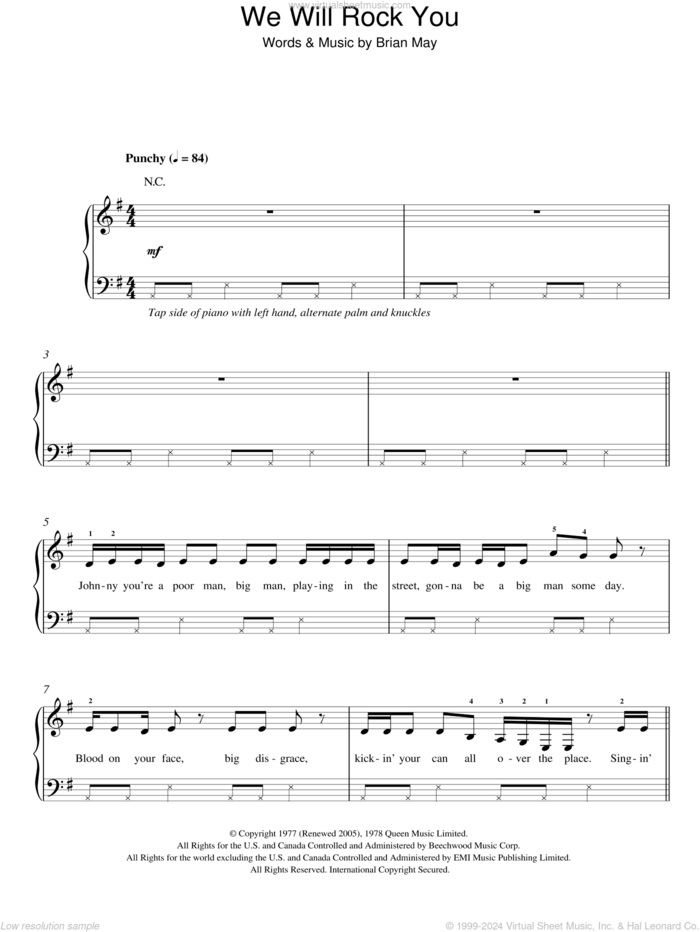 We Will Rock You, (easy) sheet music for piano solo by Queen and Brian May, easy skill level