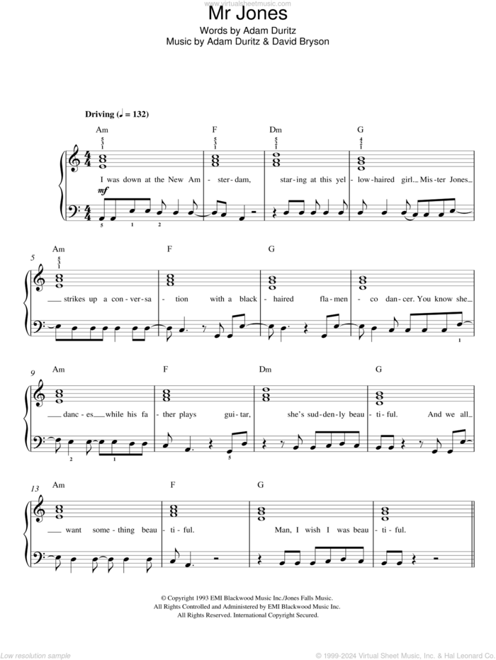 Mr. Jones, (easy) sheet music for piano solo by Counting Crows, Adam Duritz and David Bryson, easy skill level