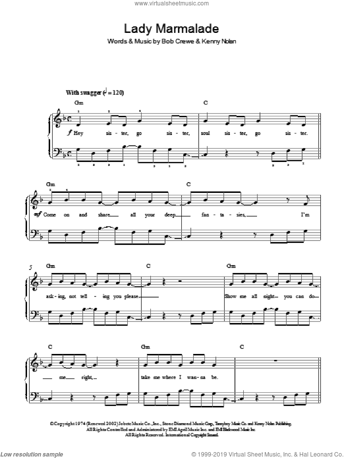 Lady Marmalade sheet music for piano solo by All Saints, Bob Crewe and Kenny Nolan, easy skill level