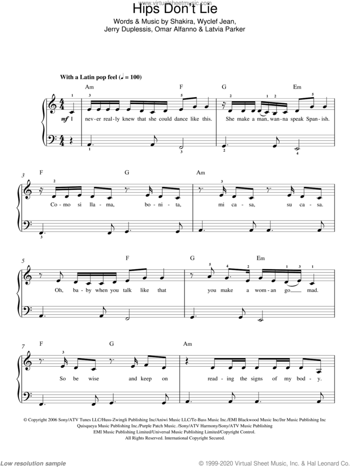 Hips Don't Lie sheet music for piano solo by Shakira, Jerry Duplessis, Latvia Parker, Omar Alfanno and Wyclef Jean, easy skill level