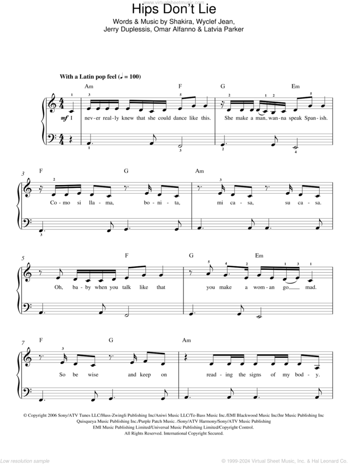 Hips Don't Lie sheet music for piano solo by Shakira, Jerry Duplessis, Latvia Parker, Omar Alfanno and Wyclef Jean, easy skill level