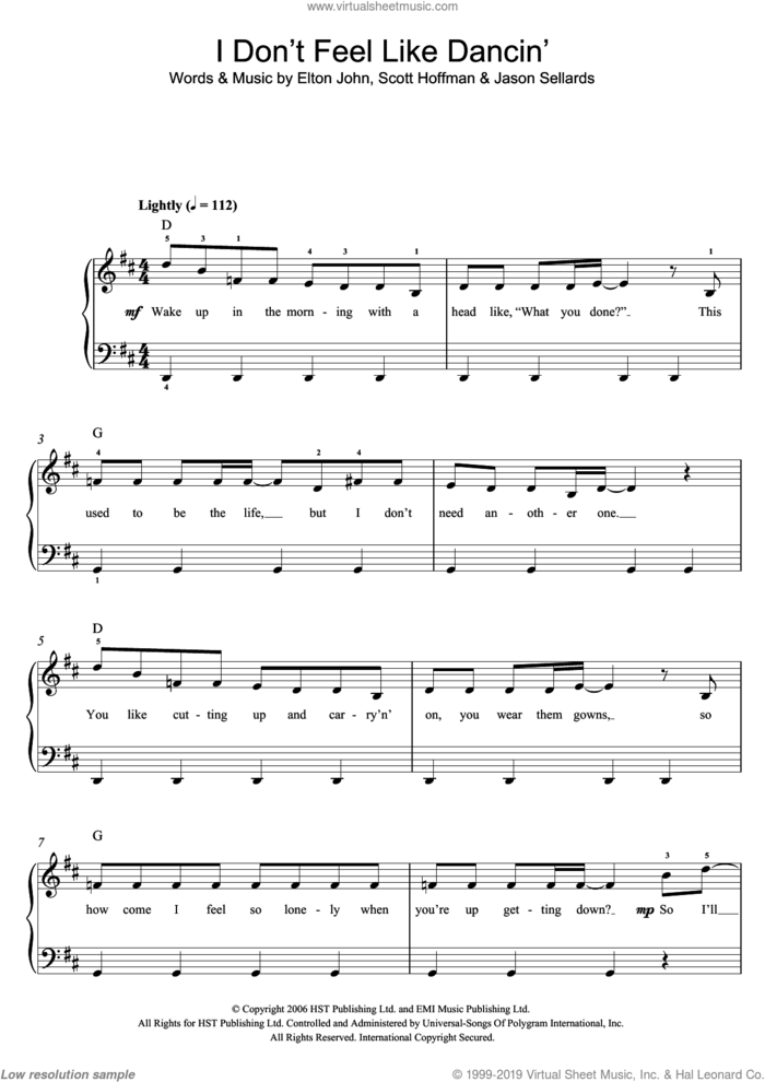 I Don't Feel Like Dancin' sheet music for piano solo (beginners) by Scissor Sisters, Elton John, Jason Sellards and Scott Hoffman, beginner piano (beginners)