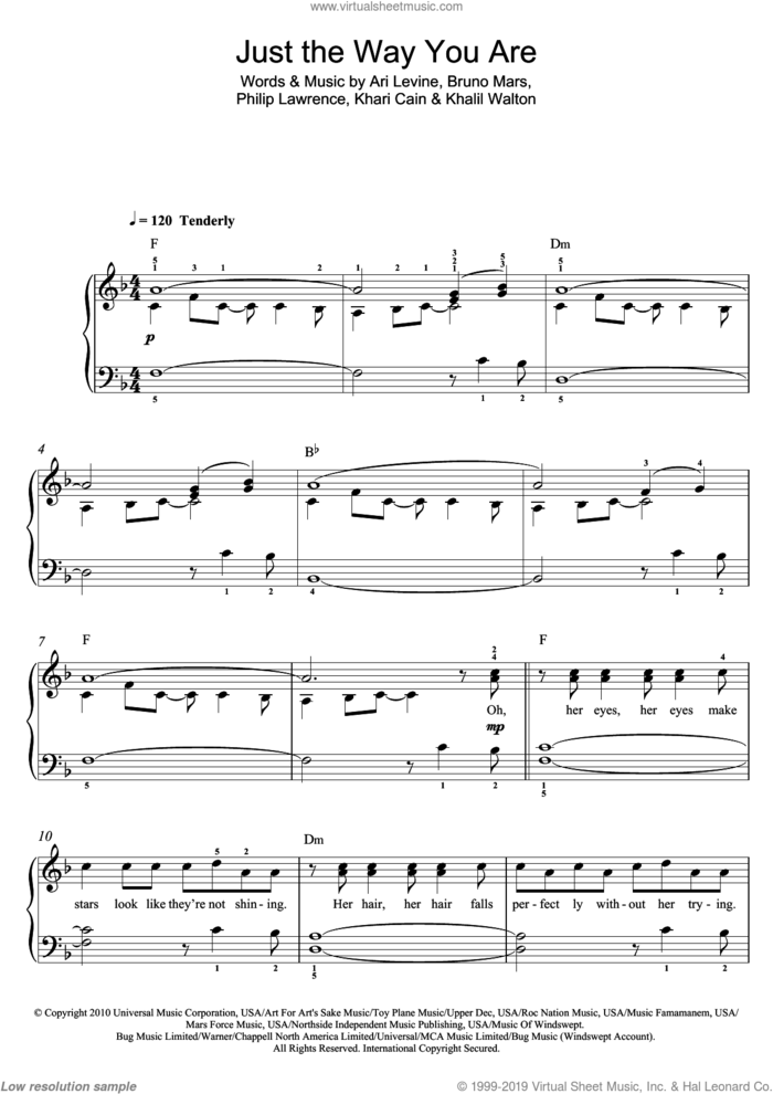 Just The Way You Are sheet music for piano solo (beginners) by Bruno Mars, Ari Levine, Khalil Walton, Khari Cain and Philip Lawrence, wedding score, beginner piano (beginners)