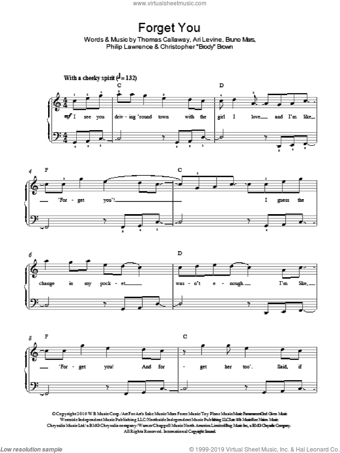 Forget You sheet music for piano solo by Bruno Mars, Cee Lo Green, Ari Levine, Christopher 'Brody' Brown, Philip Lawrence and Thomas Callaway, easy skill level