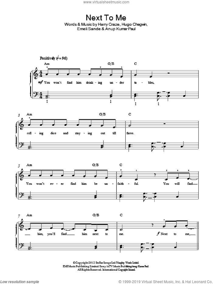 Next To Me (Next To You) sheet music for piano solo by Emeli Sande, Anup Kumar Paul, Harry Craze and Hugo Chegwin, easy skill level