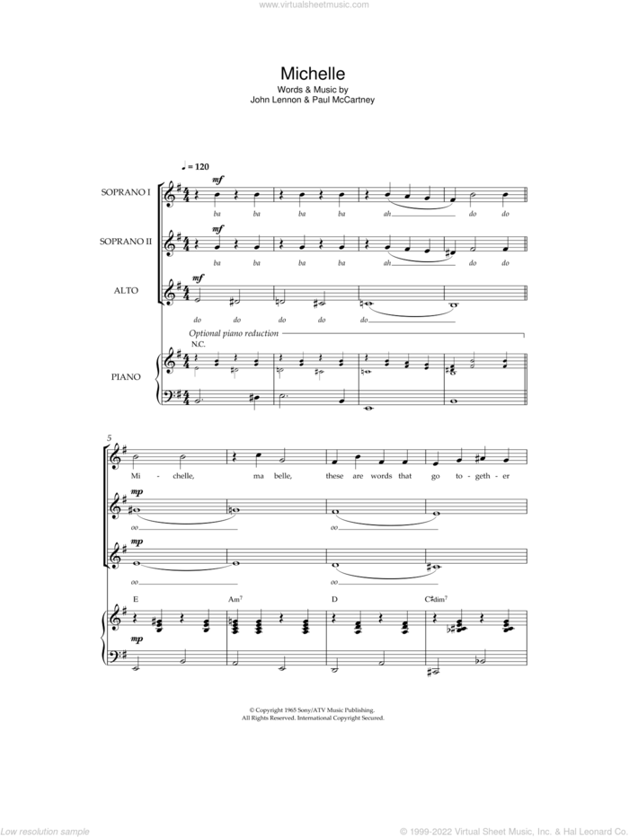 Michelle sheet music for choir by The Beatles, John Lennon and Paul McCartney, intermediate skill level
