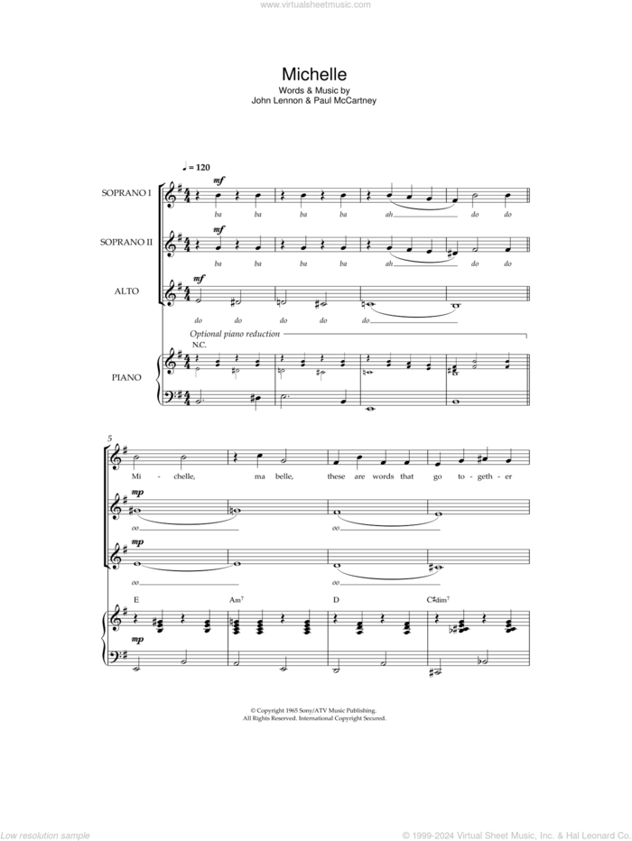 Michelle sheet music for choir by The Beatles, John Lennon and Paul McCartney, intermediate skill level