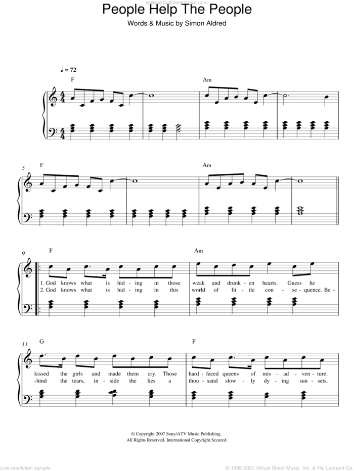 People Help The People sheet music for piano solo by Birdy, Cherry Ghost and Simon Aldred, easy skill level