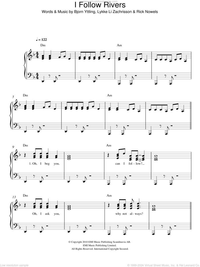 I Follow Rivers sheet music for piano solo by Lykke Li, Bjorn Yttling, Lykke Li Zachrisson and Rick Nowels, easy skill level