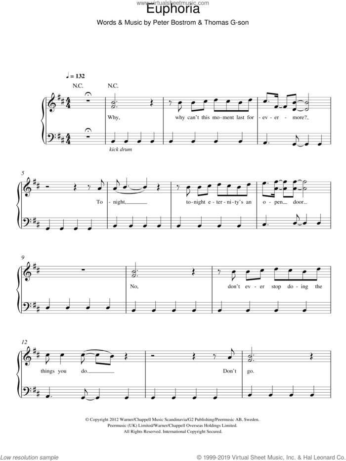 Euphoria sheet music for piano solo by Loreen, Peter Bostrom and Thomas G:son, easy skill level