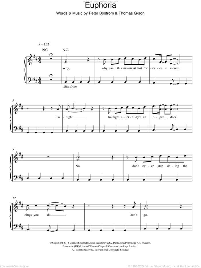 Euphoria sheet music for piano solo by Loreen, Peter Bostrom and Thomas G:son, easy skill level