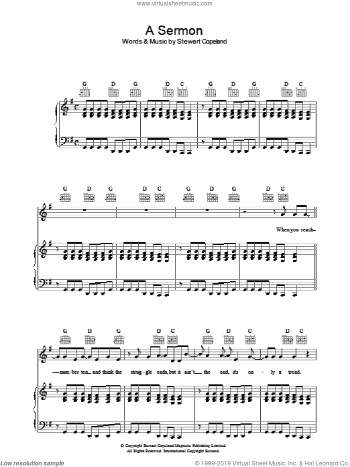 A Sermon sheet music for voice, piano or guitar by The Police and Stewart Copeland, intermediate skill level