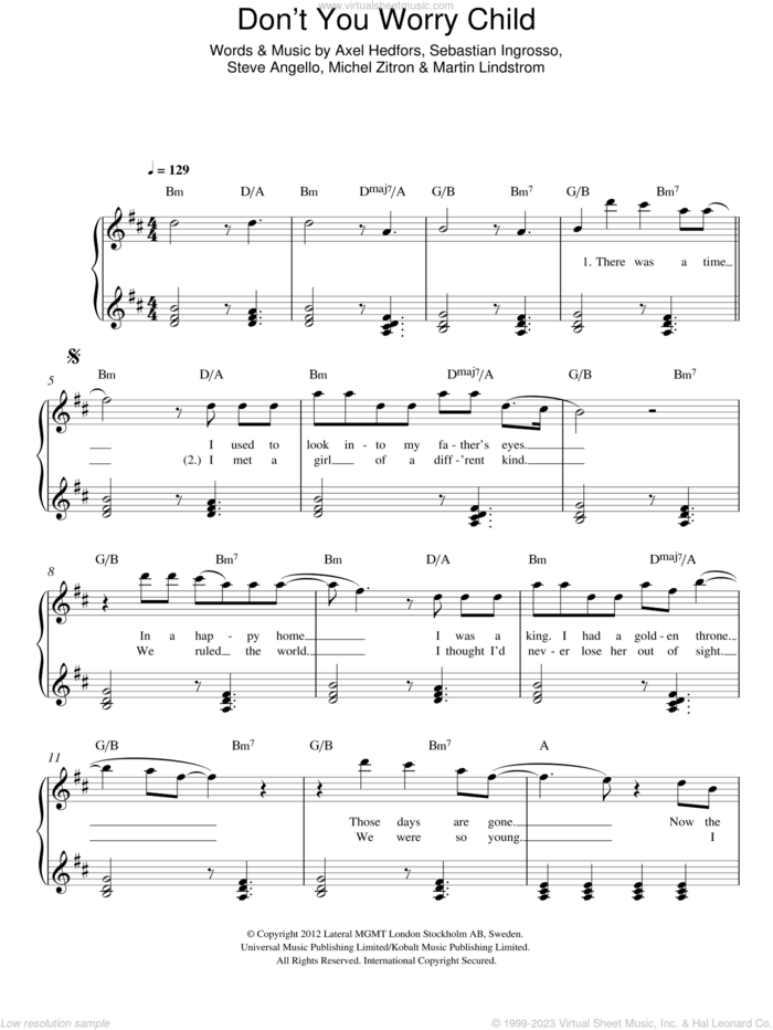 Don't You Worry Child sheet music for piano solo by Swedish House Mafia, Axel Hedfors, Martin Lindstrom, Michel Zitron, Sebastian Ingrosso and Steve Angello, easy skill level