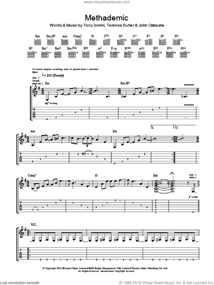 Methademic sheet music for guitar (tablature) by Black Sabbath, John Osbourne, Terence Butler and Tony Iommi, intermediate skill level